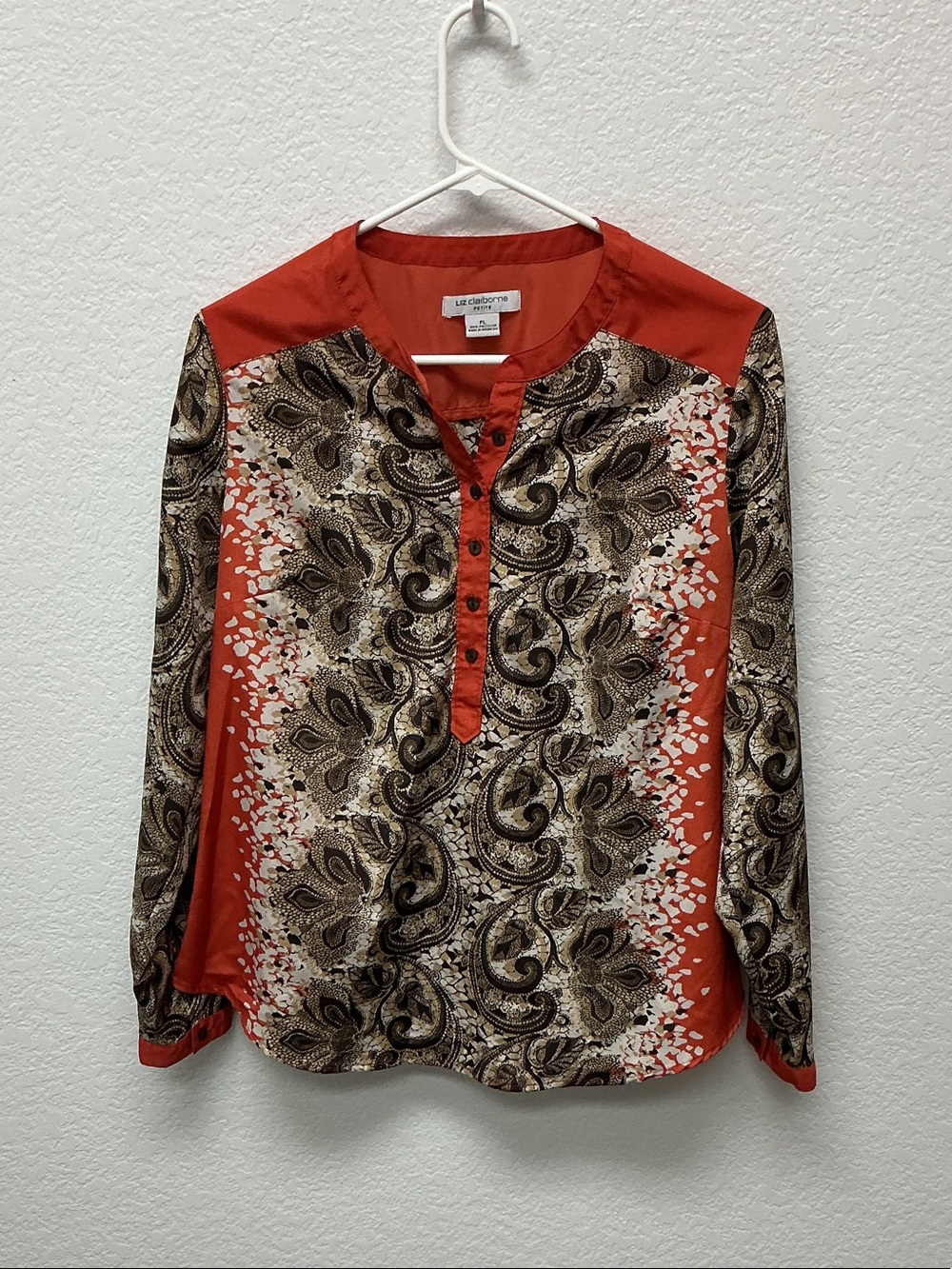 Liz Claiborne Rust Red and Brown Paisley Henley Blouse